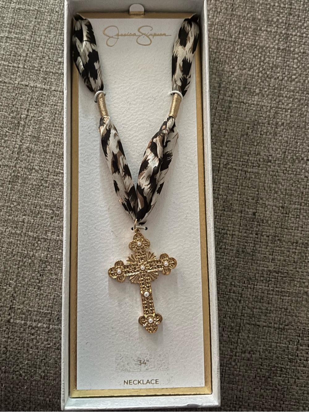 Jessica Simpson Gold and Black Patterned Fabric Pendant Necklace